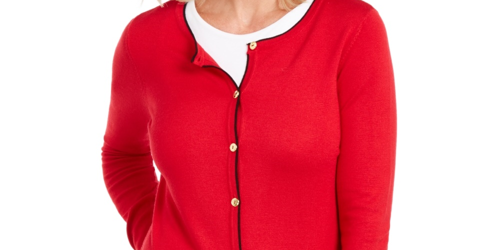 Karen Scott Women's Alexa Stripe Cardigan Red Size Petite Small-Medium