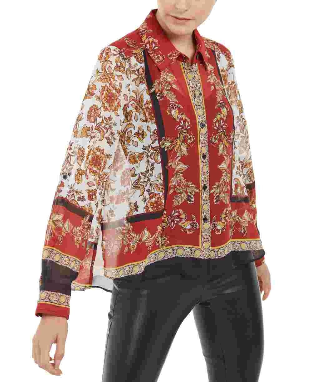 INC International Concepts Women's Scarf-Print Blouse Red Size Small