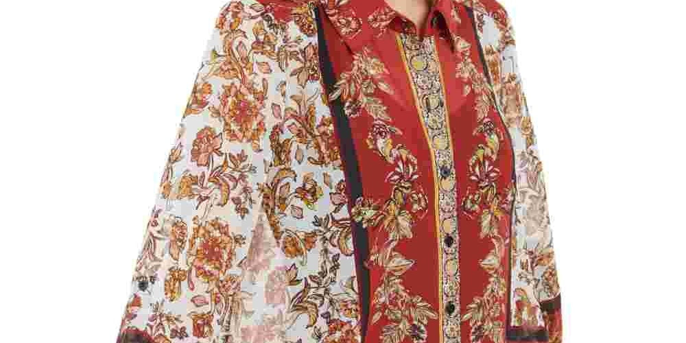 INC International Concepts Women's Scarf-Print Blouse Red Size Small