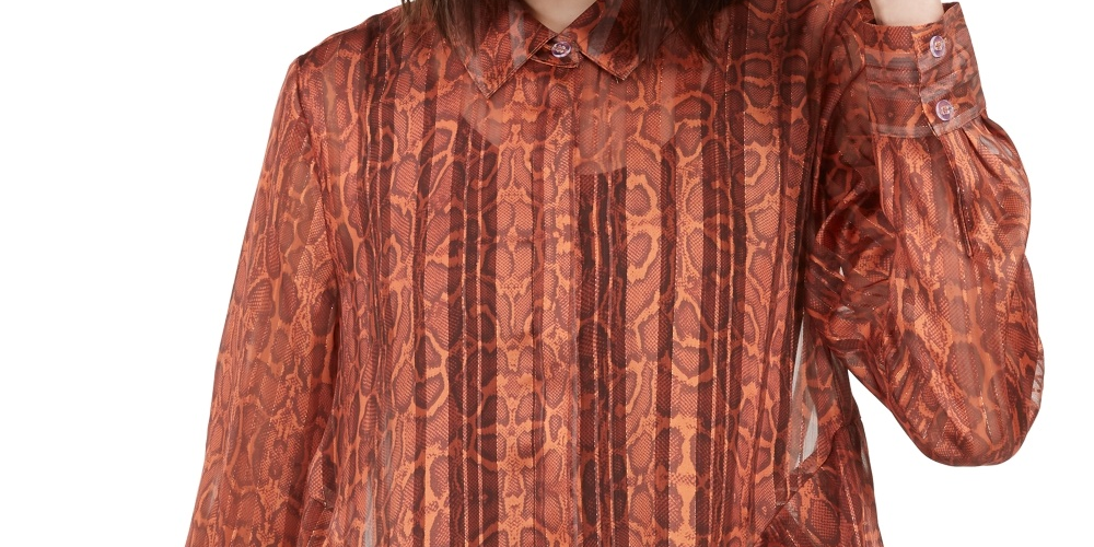 INC International Concepts Women's Ruffled Snake-Embossed Top Orange Size Small