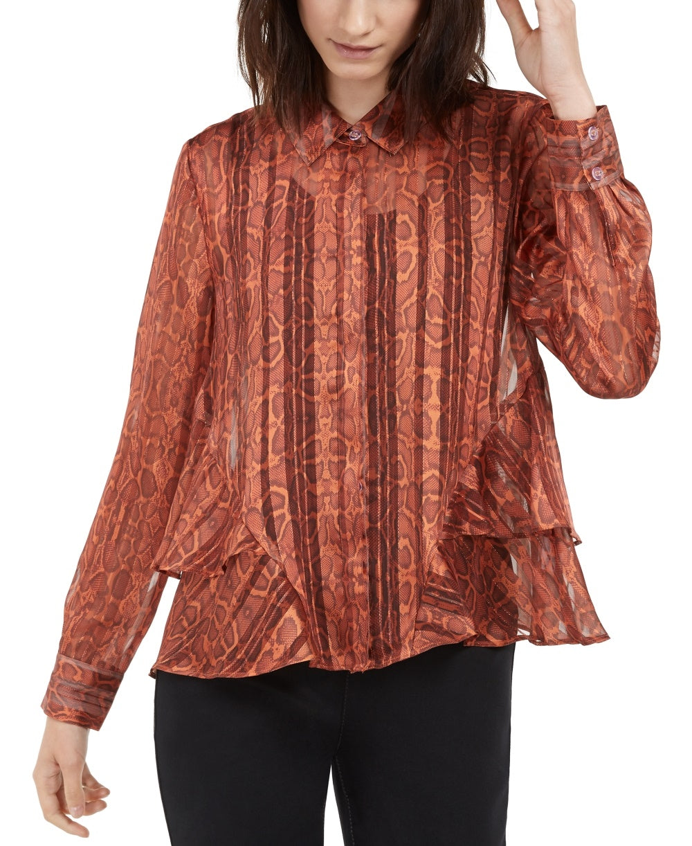 INC International Concepts Women's Ruffled Snake-Embossed Top Orange Size X-Small