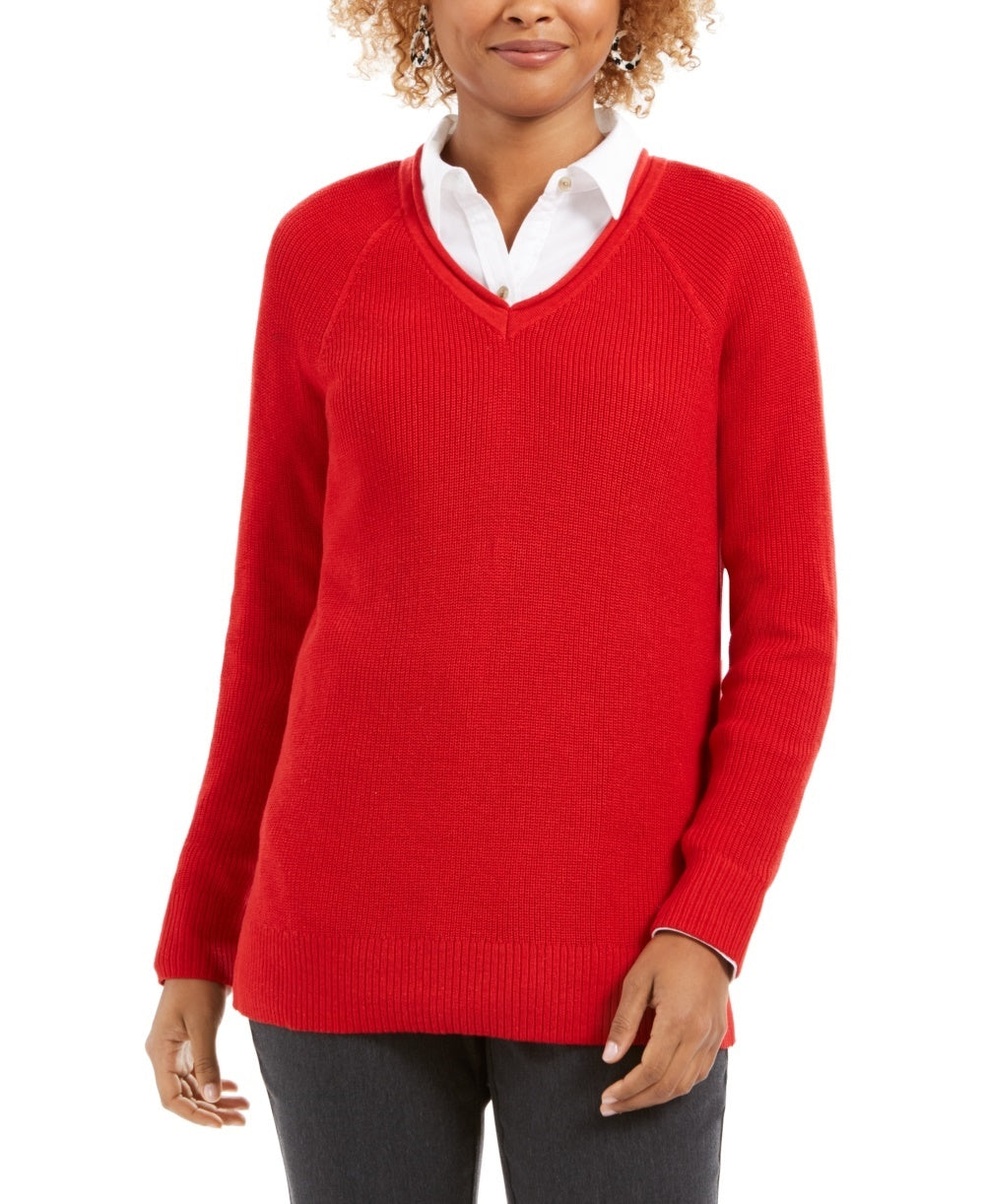 Charter Club Women's V Neck Pullover Knit Sweater Red Size Medium