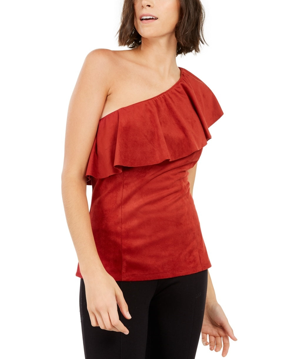 INC International Concepts Women's Faux Suede One Shoulder Ruffled Top Red Size X-Large