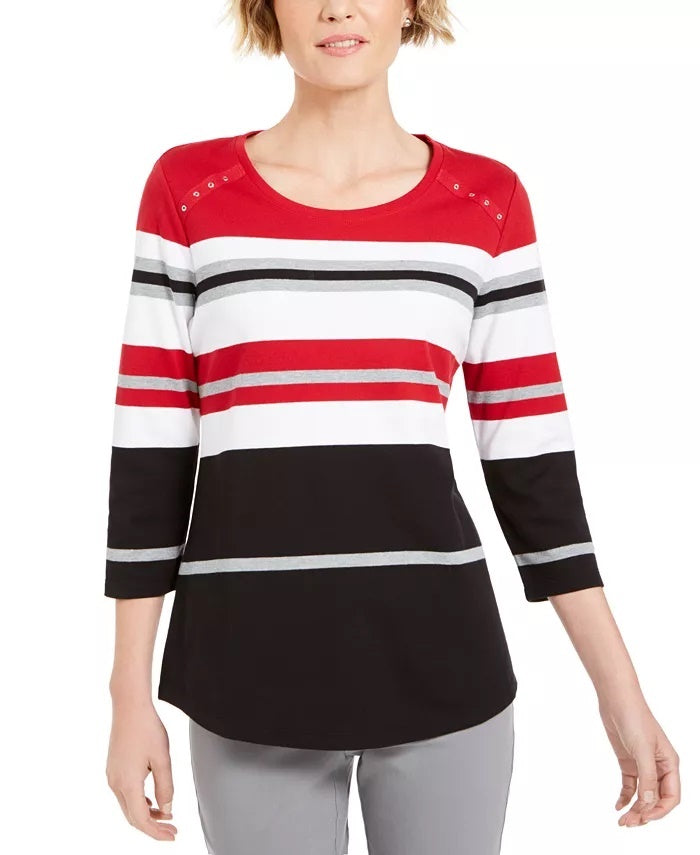 Karen Scott Women's Sport Striped 3/4 Sleeve Top   Red Size Small
