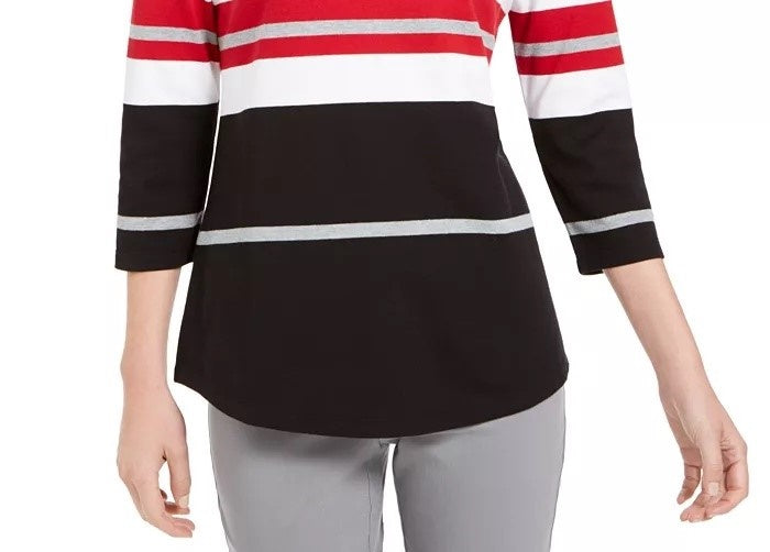 Karen Scott Women's Sport Striped 3/4 Sleeve Top   Red Size Small