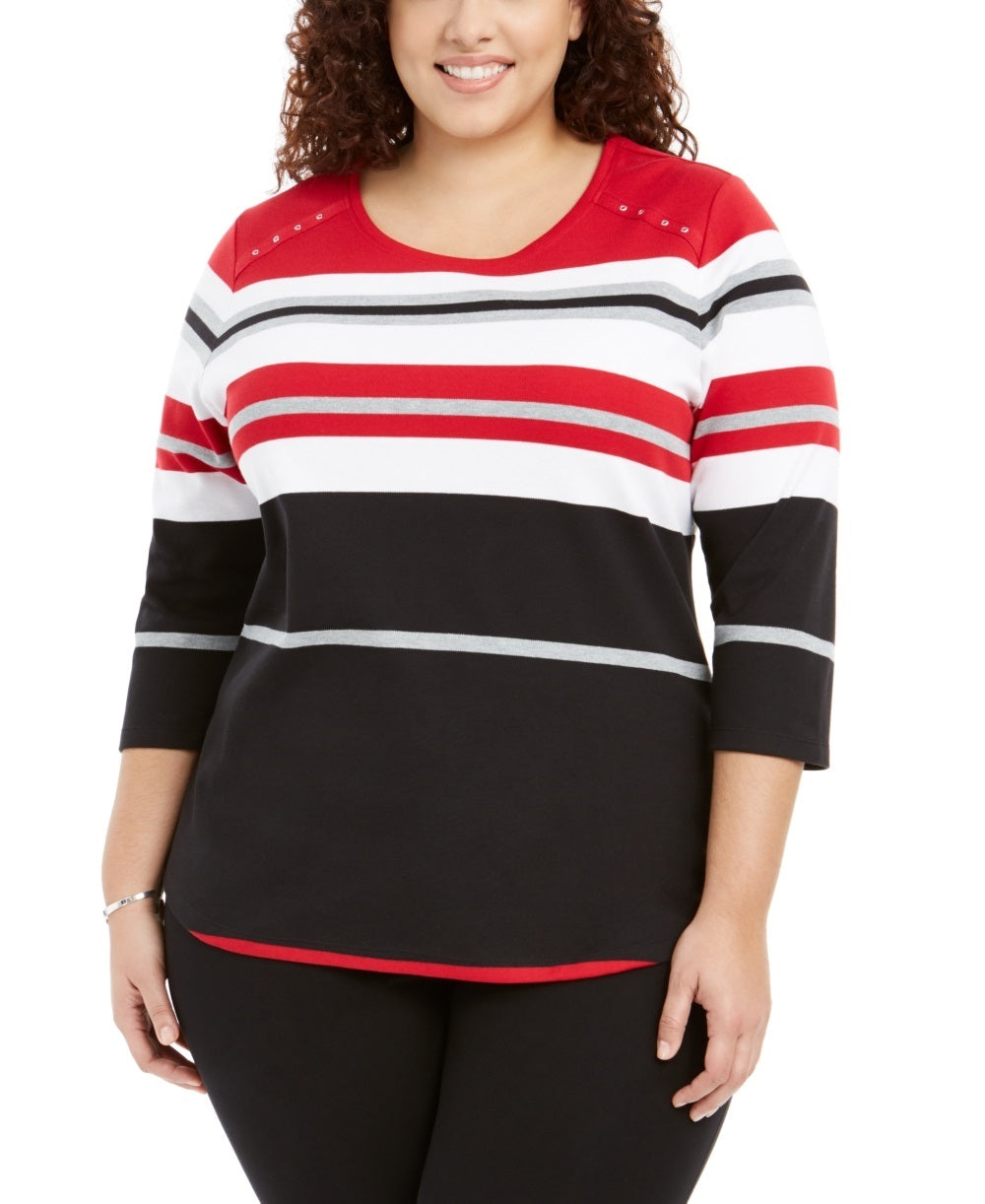Karen Scott Women's Plus Zahara Striped Top Red Size 0X