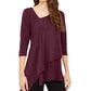 Alfani Women's Asymmetrical Hem 3/4 Sleeve Top  Wine Size Large