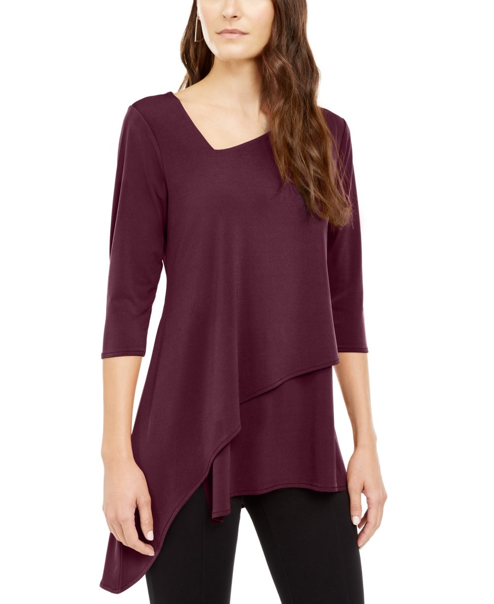 Alfani Women's Asymmetrical Hem 3/4 Sleeve Top  Wine Size Large