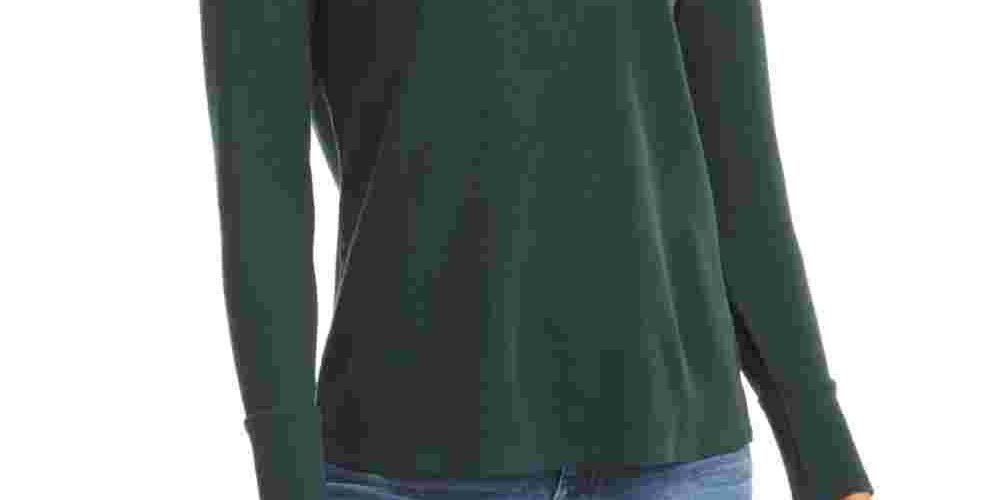 Style & Co Women's Petite Embroidered Cotton Thermal Top  Green PP
