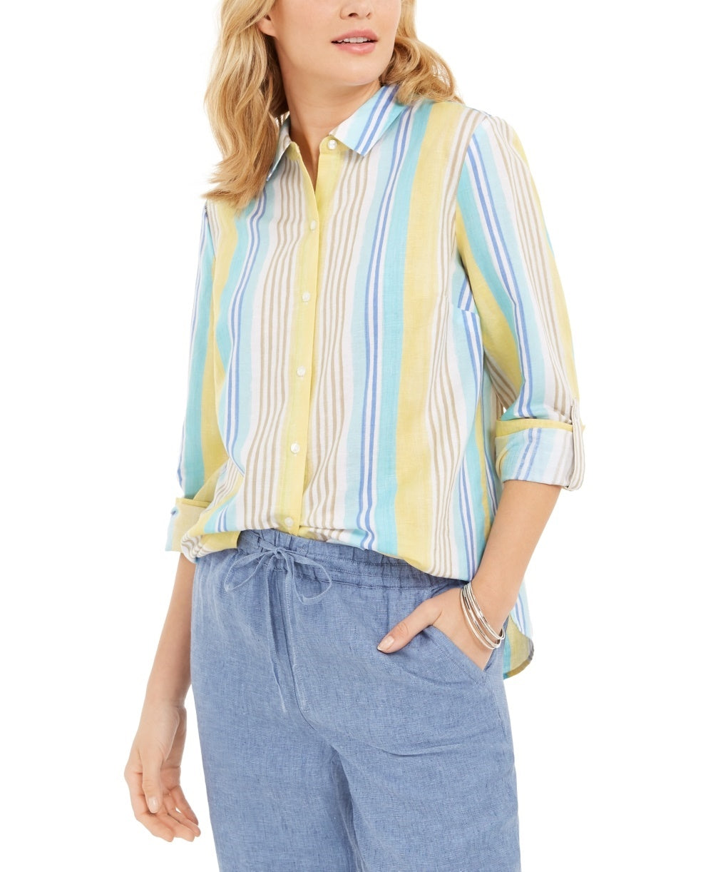 Charter Club Women's Beach Stripe Linen Blend Shirt White Size Medium