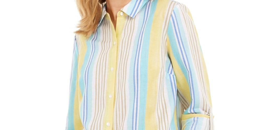 Charter Club Women's Beach Stripe Linen Blend Shirt White Size Medium