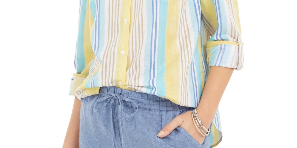 Charter Club Women's Beach Stripe Linen Blend Shirt White Size Medium