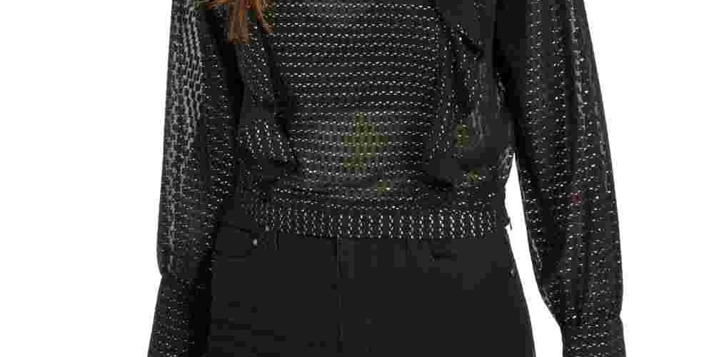 Bar III Women's Printed Long Sleeve Jewel Neck Top Black Size Large