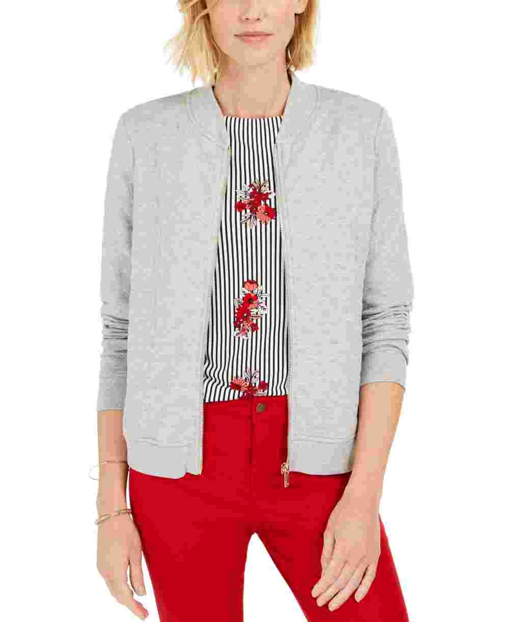 Charter Club Women's Textured Knit Bomber Jacket  Gray Size Large