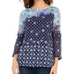 Charter Club Women's Printed Knit Mesh Top Navy Size Medium
