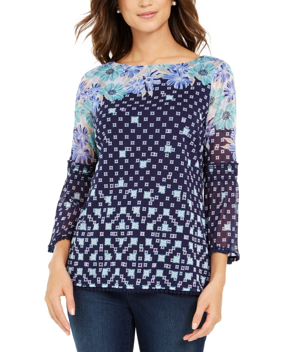 Charter Club Women's Printed Knit Mesh Top Navy Size Medium