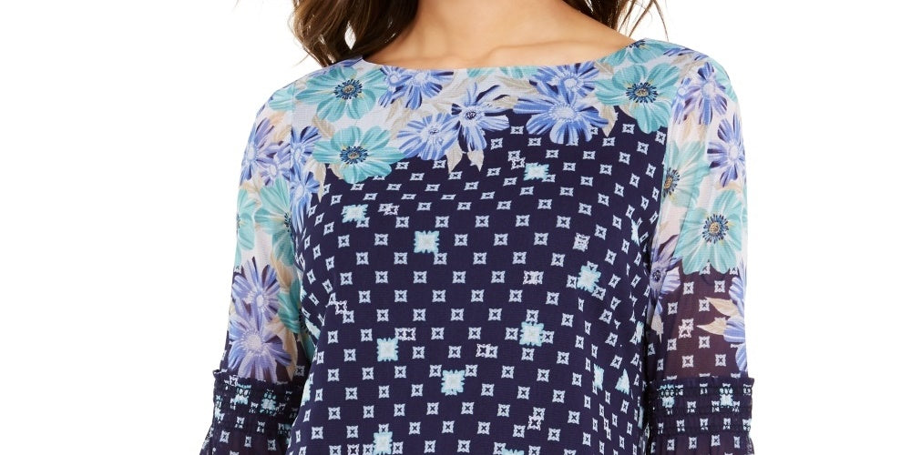 Charter Club Women's Printed Knit Mesh Top Navy Size Medium