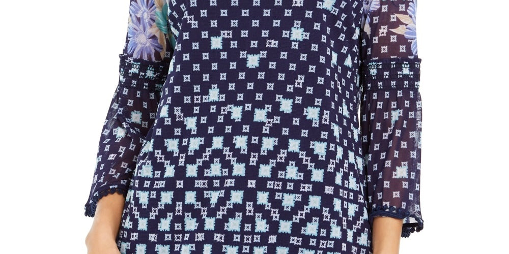 Charter Club Women's Printed Knit Mesh Top Navy Size Medium