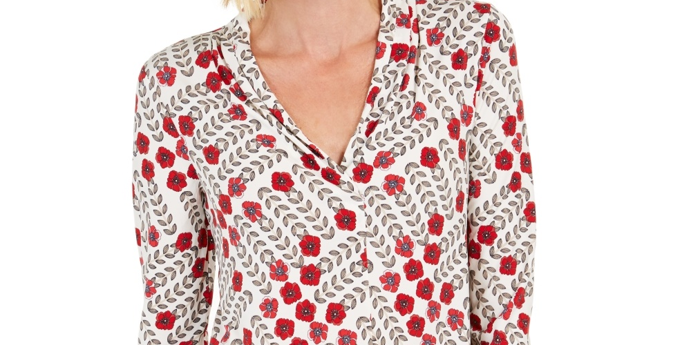 Charter Club Women's Printed V-Neck Top White Size Medium