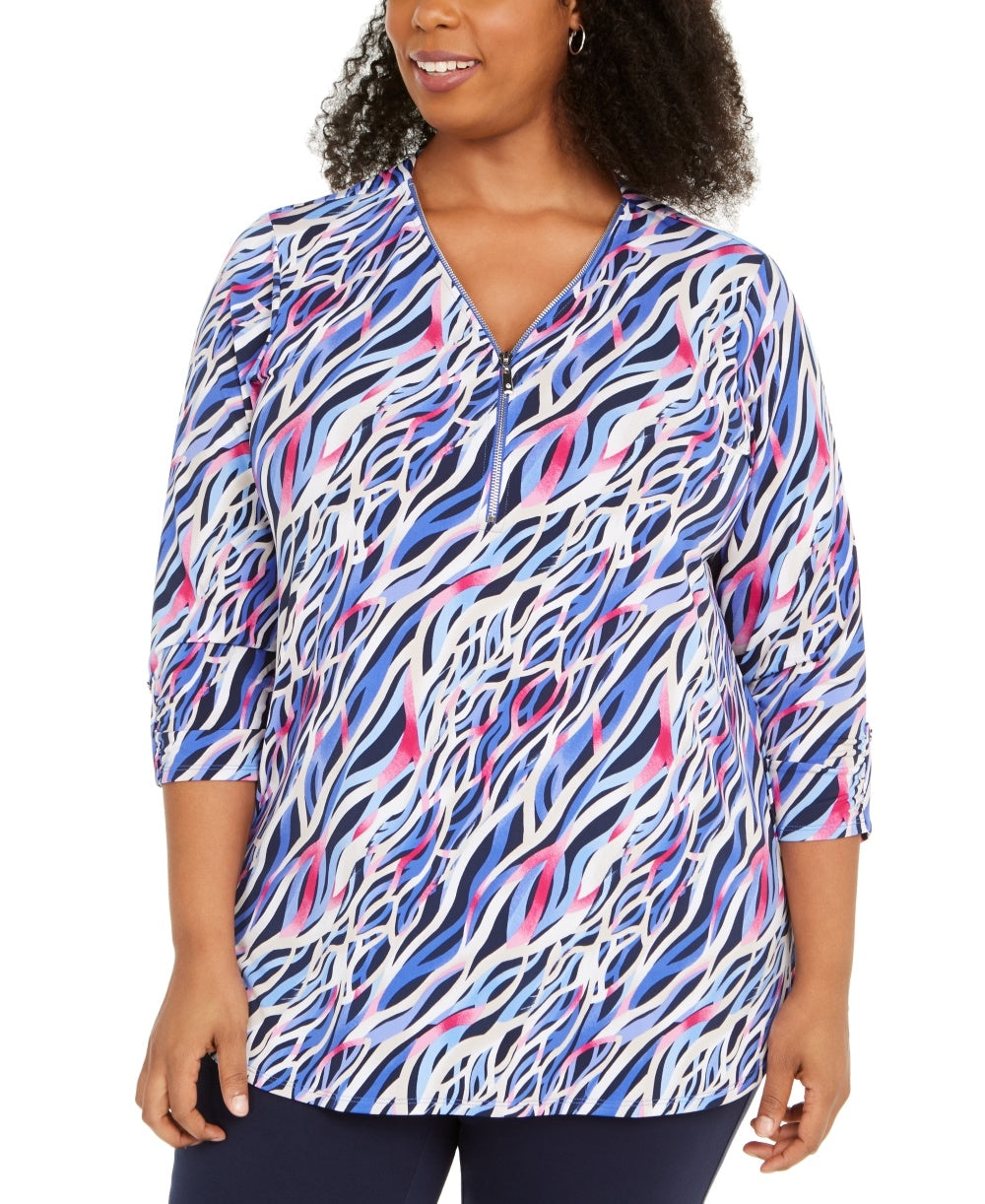 JM Collection Women's Zip Neck Printed Tunic Orange Size 3X