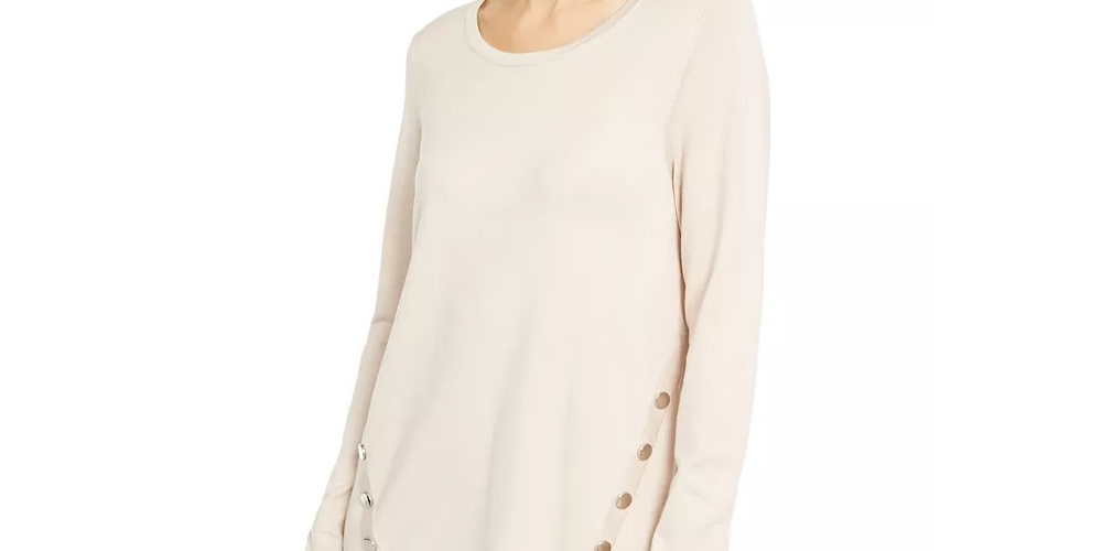 Alfani Women's Petite Hardware Seamed Pullover Sweater Beige Size Large