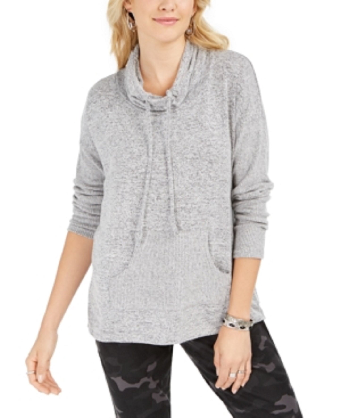 Style & Co Women's Drawstring Cowl-Neck Sweater Gray Size Medium