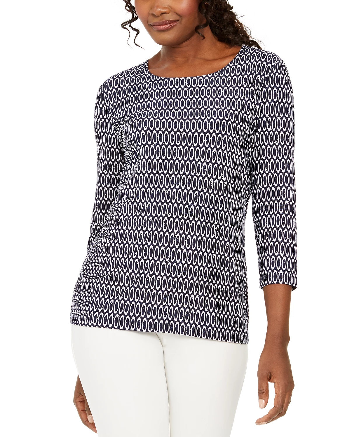 JM Collection Women's Printed Embellished Top  Blue Size Small