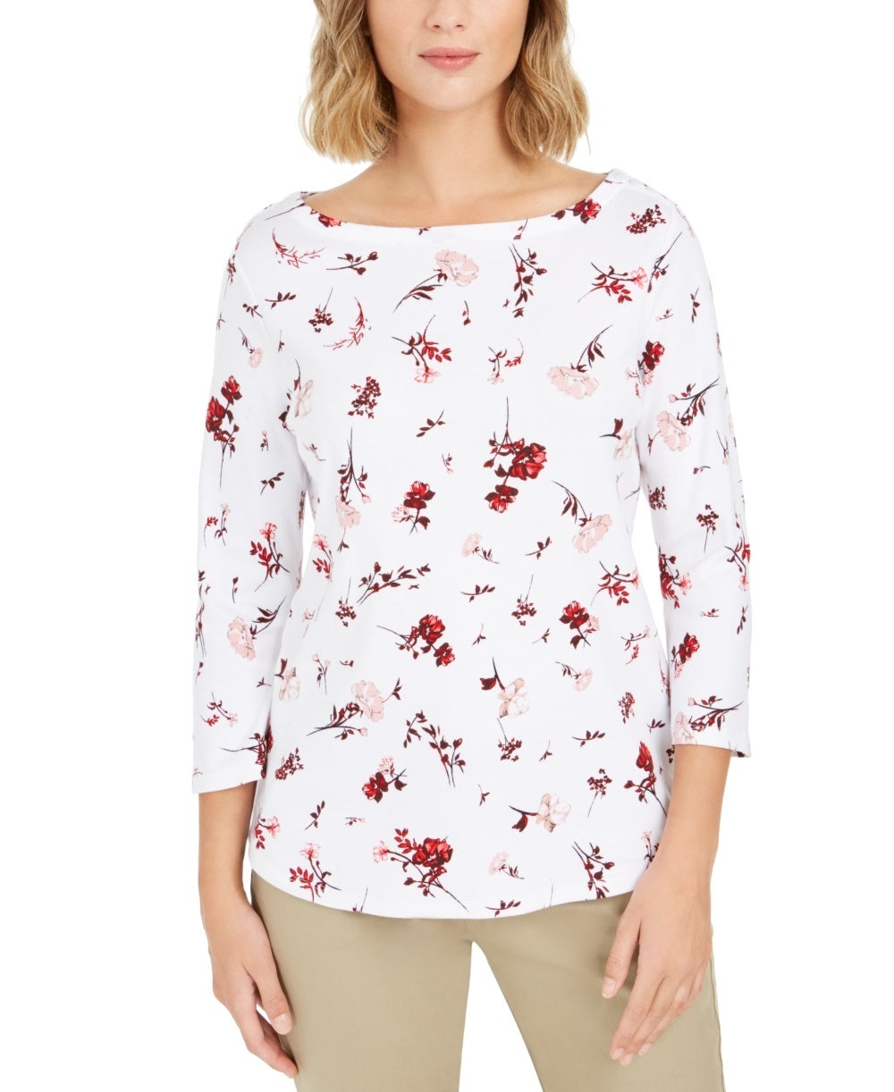 Charter Club Women's Printed Pima Cotton Top White Size Petite Medium