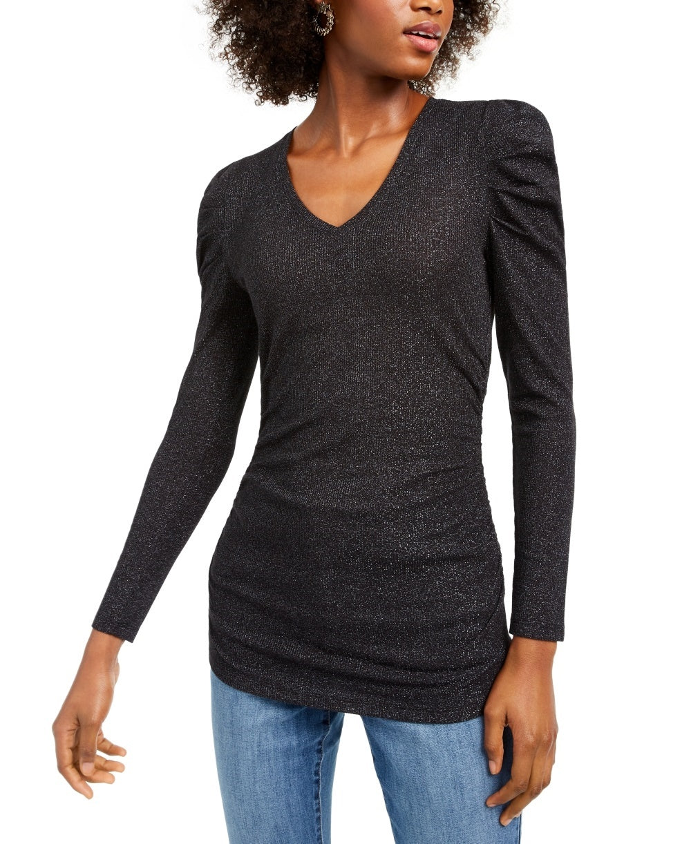 INC International Concepts Women's Ruched Shine V-Neck Top Black Size Large