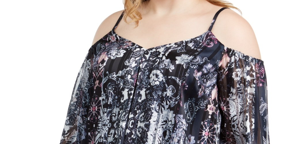 INC International Concepts Women's Printed Cold Shoulder Top Navy Size 0X
