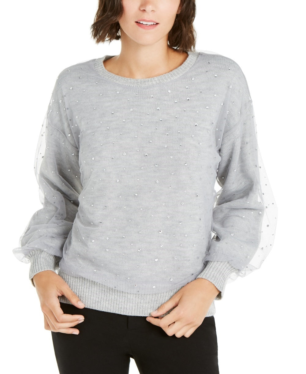 INC International Concepts Women's Tulle Overlay Knit Pullover Sweater Gray Size Large