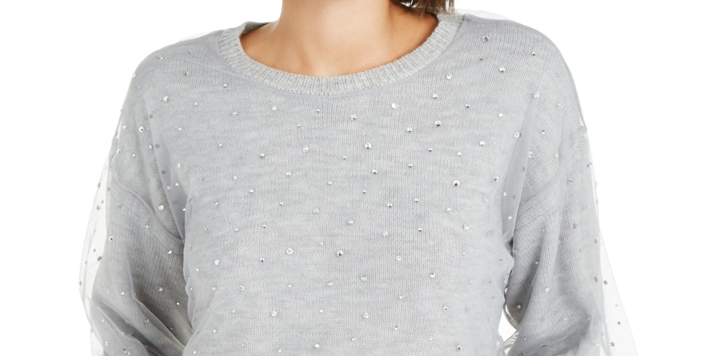 INC International Concepts Women's Tulle Overlay Knit Pullover Sweater Gray Size Large