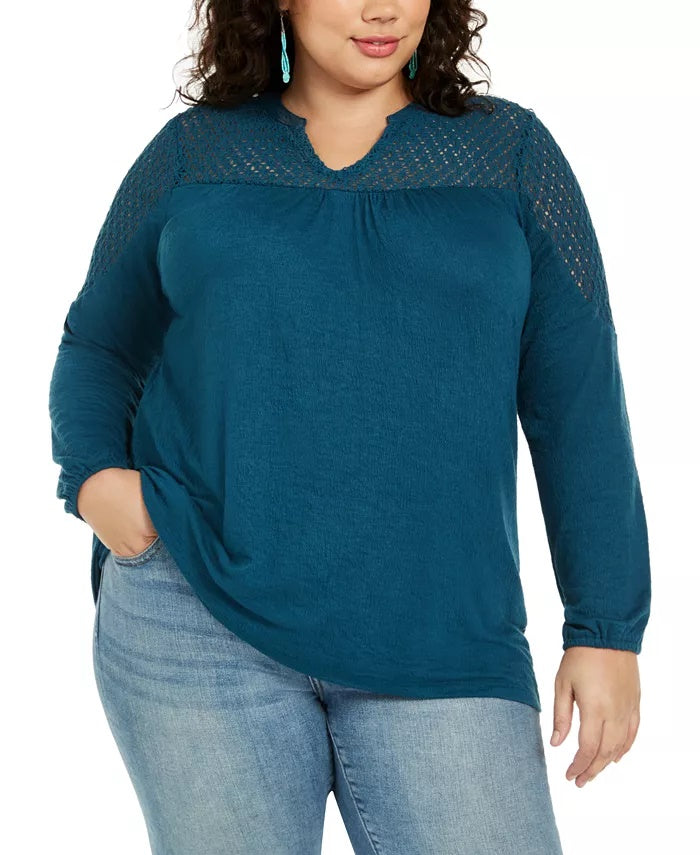 Style & Co Women's Plus Size Crochet-Trim Top Green Size 0X