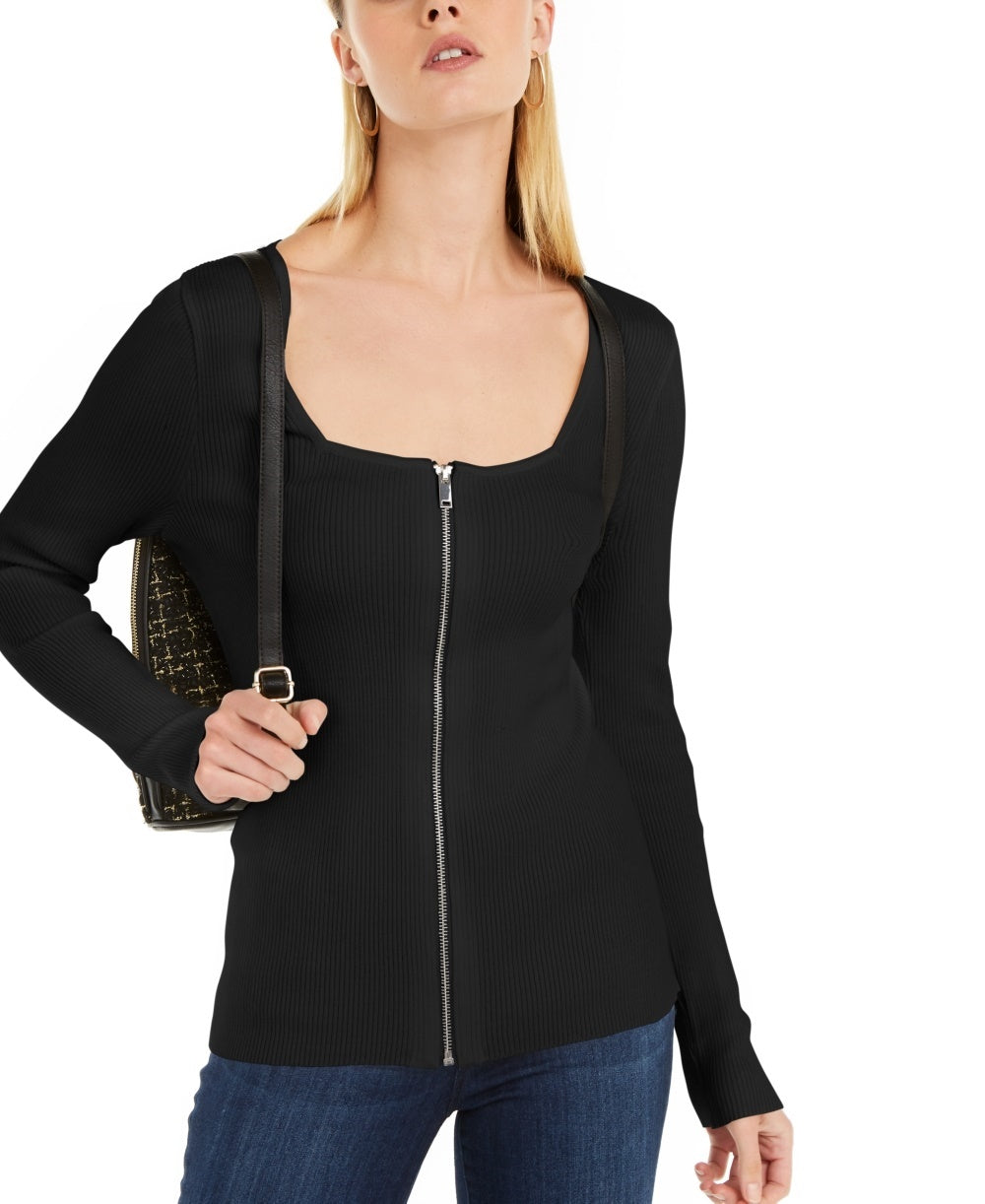 INC International Concepts Women's Square Neck Zip-Front Sweater Black Size Large