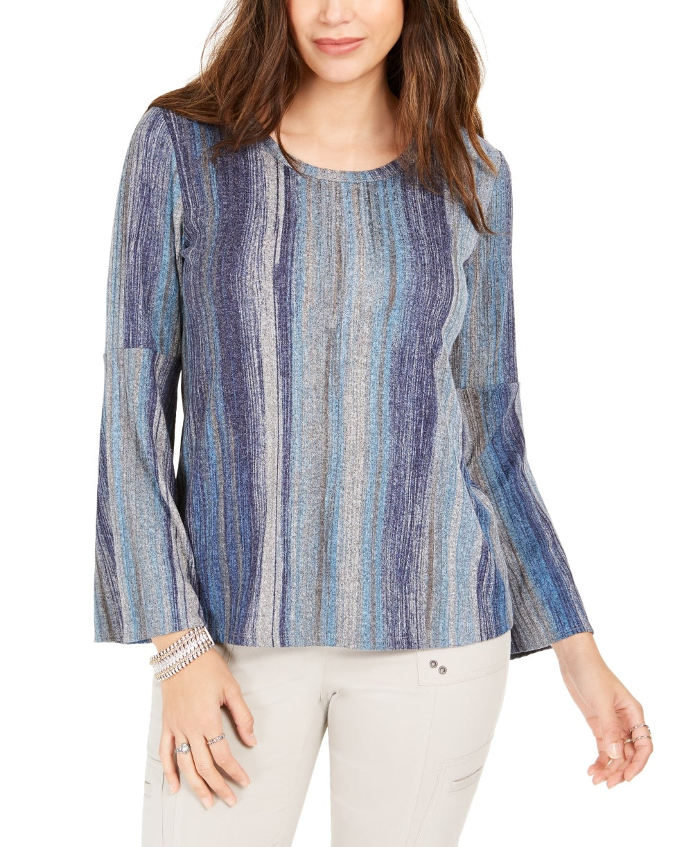 Style & Co Women's Striped Bell-Sleeve Top Purple Size Large