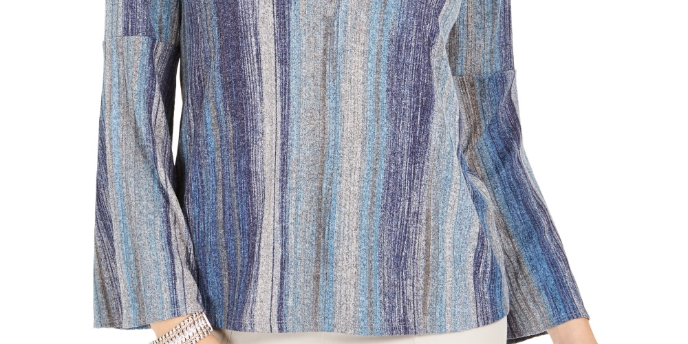 Style & Co Women's Striped Bell-Sleeve Top Purple Size Large