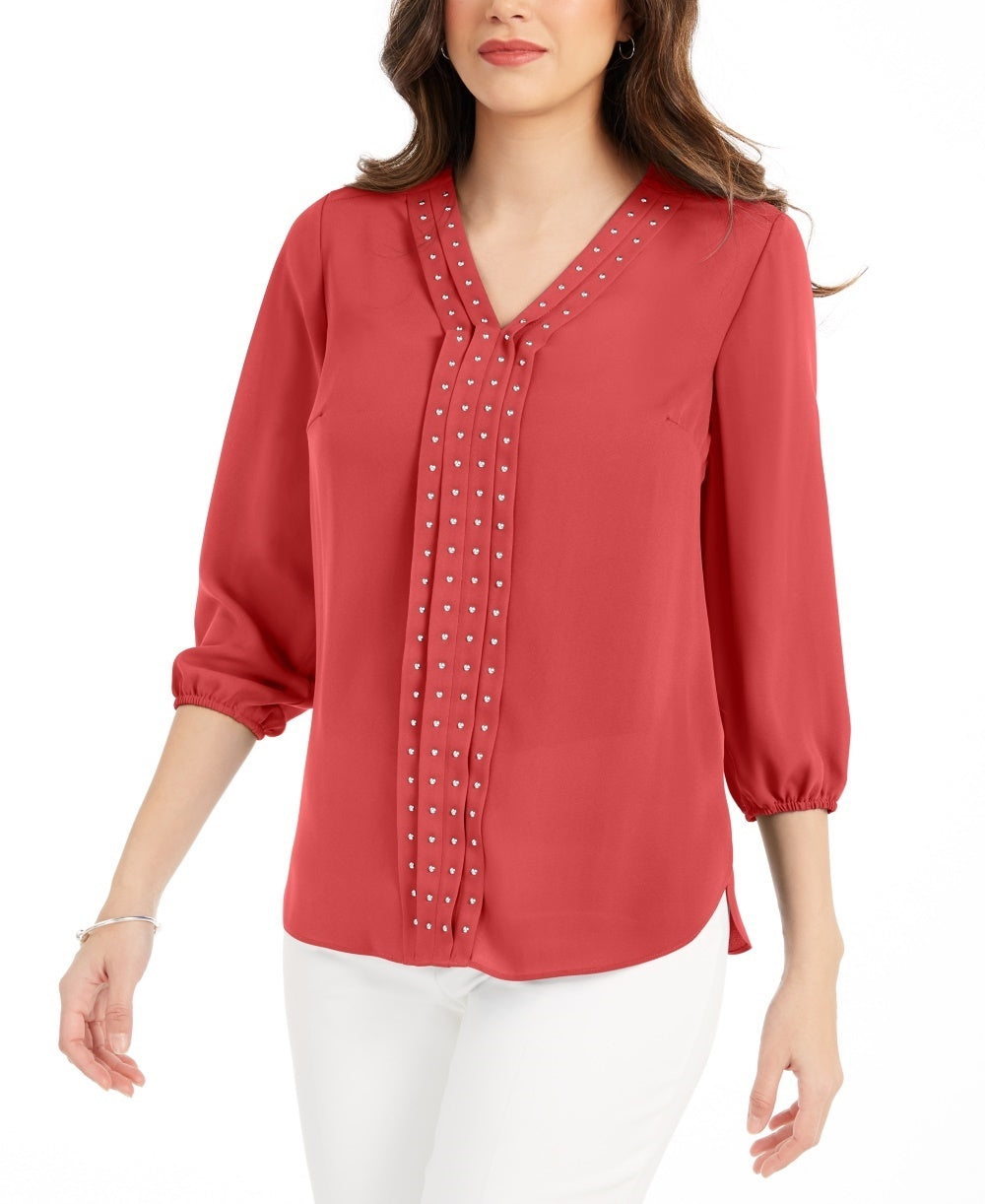 JM Collection Women's Solid Studded Pleated Blouse Red Size Small