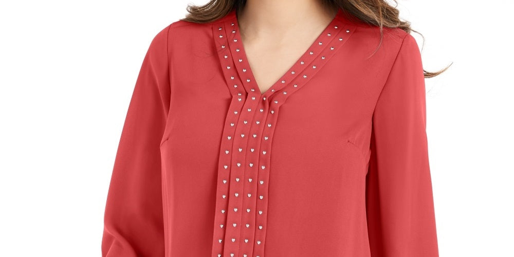 JM Collection Women's Solid Studded Pleated Blouse Red Size Small