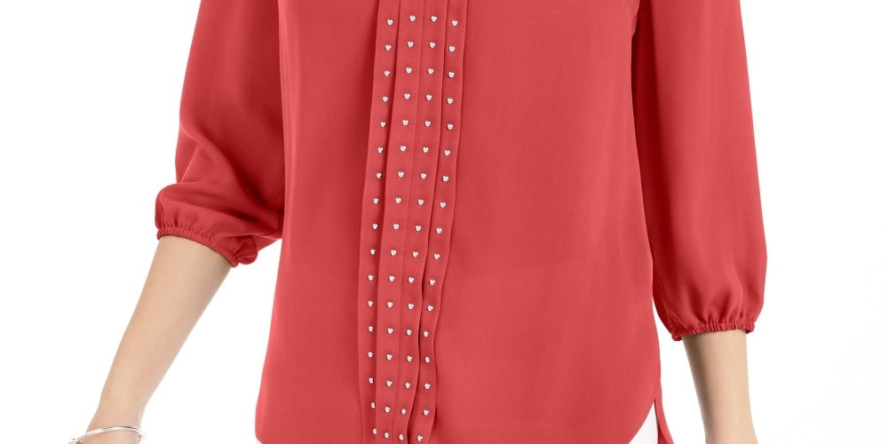 JM Collection Women's Solid Studded Pleated Blouse Red Size Small