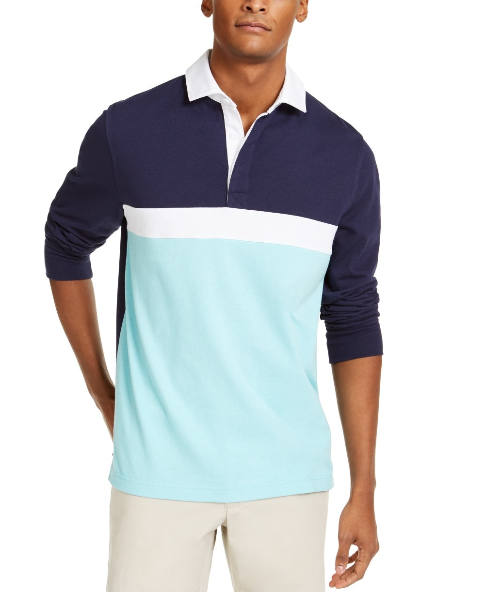 Club Room Men's Chest Stripe Long Sleeve Polo Shirt  Blue Size Small