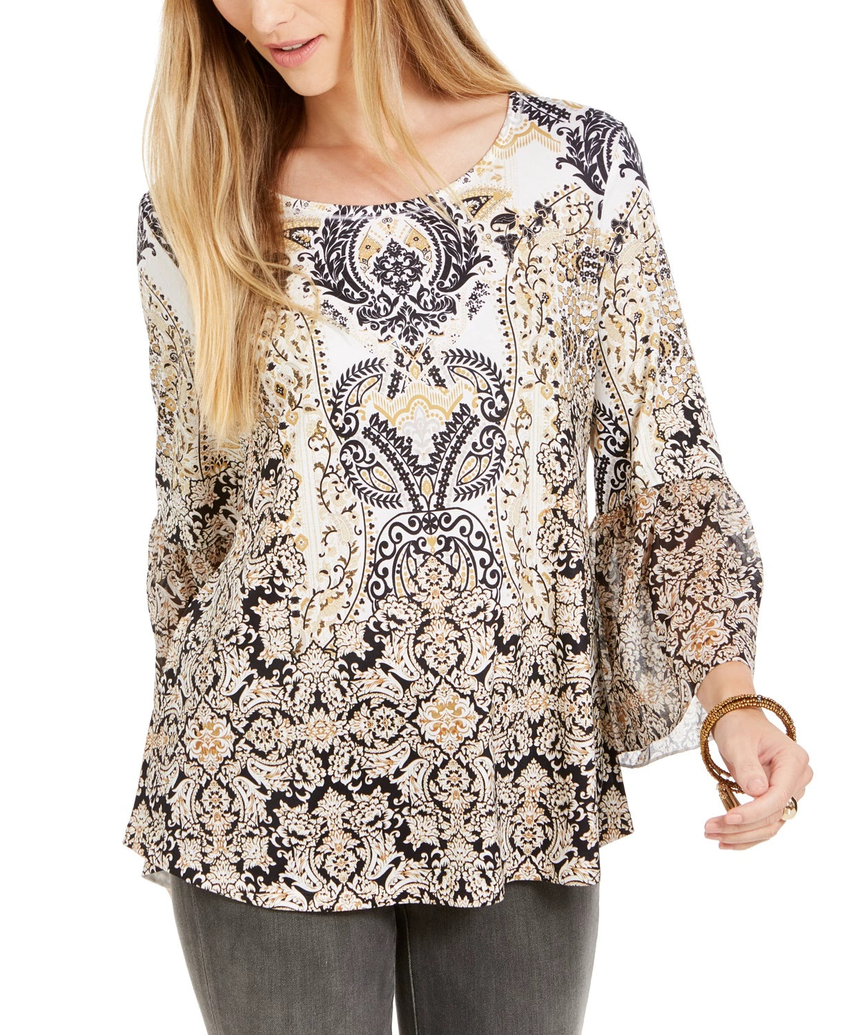 Style & Co Women's Printed Flutter-Sleeve Top  Navy Size Large