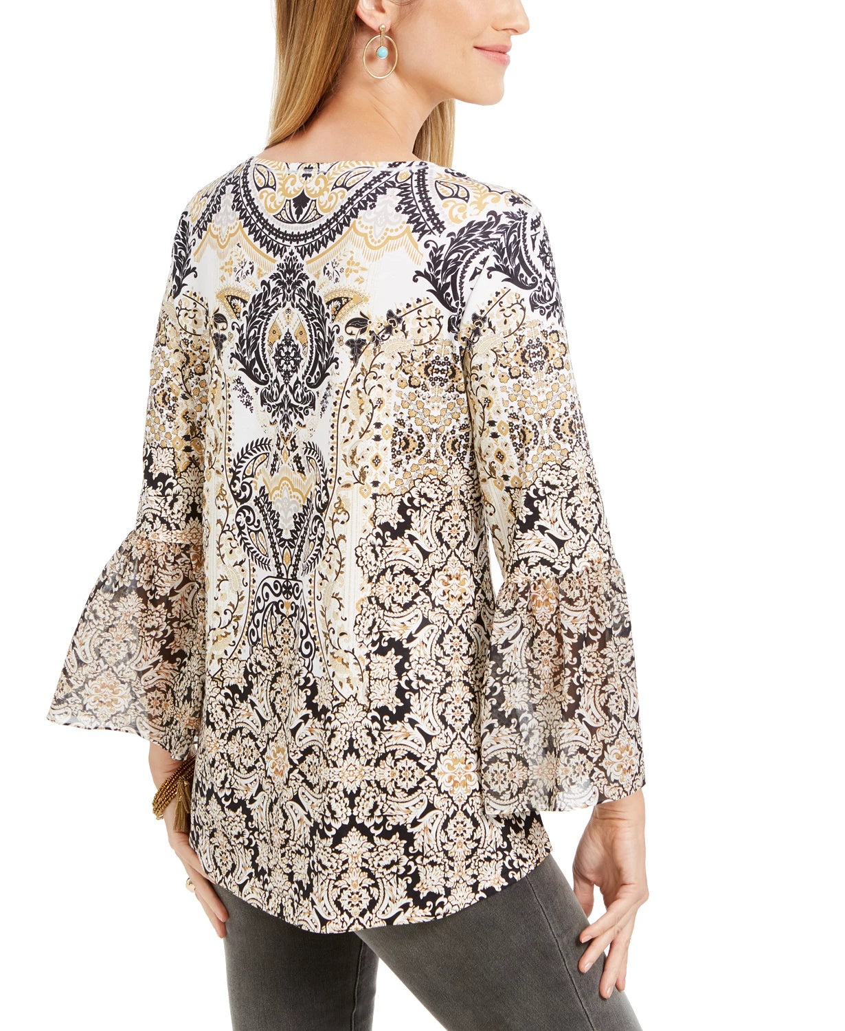 Style & Co Women's Printed Flutter-Sleeve Top  Navy Size Large