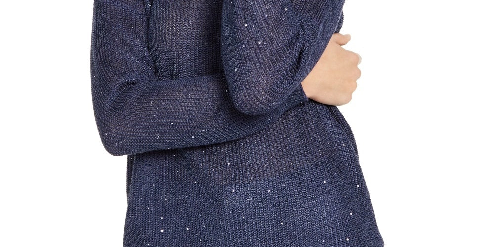 INC International Concepts Women's Sequin Cutout Turtleneck Sweater Navy Size XX-Large