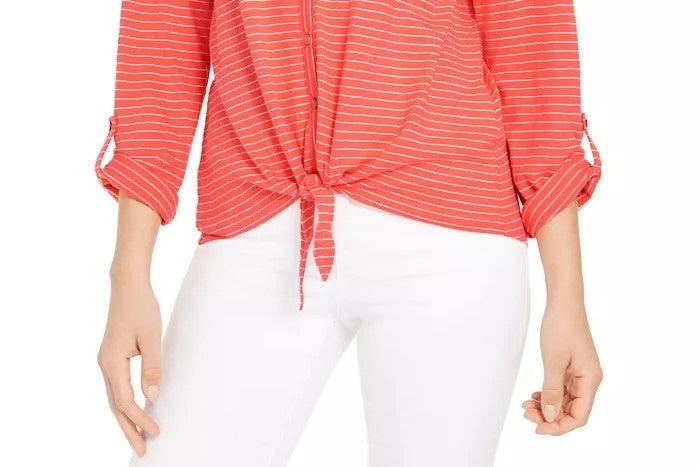 Style & Co Women's Striped Tie Front Top Orange Size Large