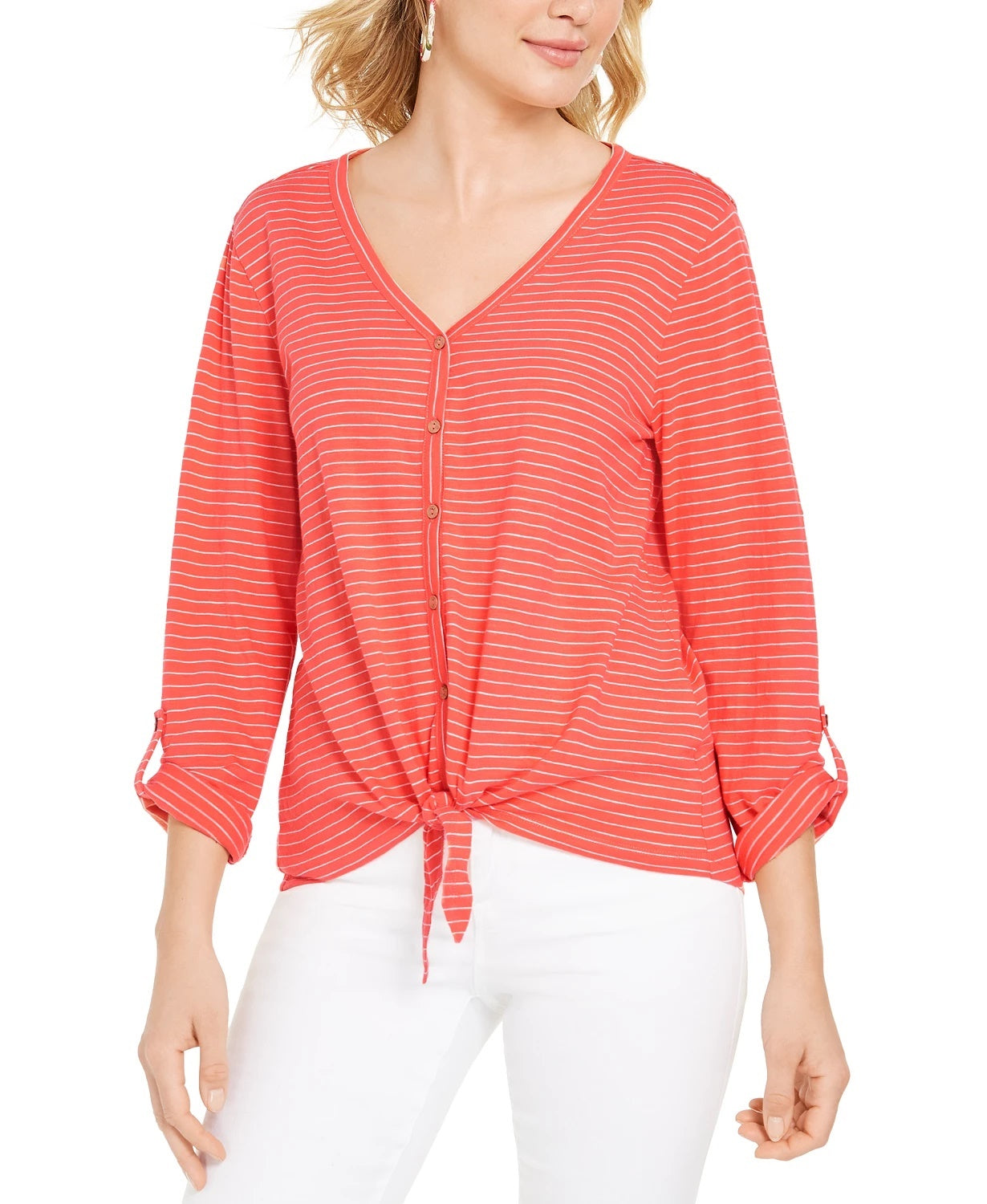 Style & Co Women's Striped Tie Front Top Orange Size Small
