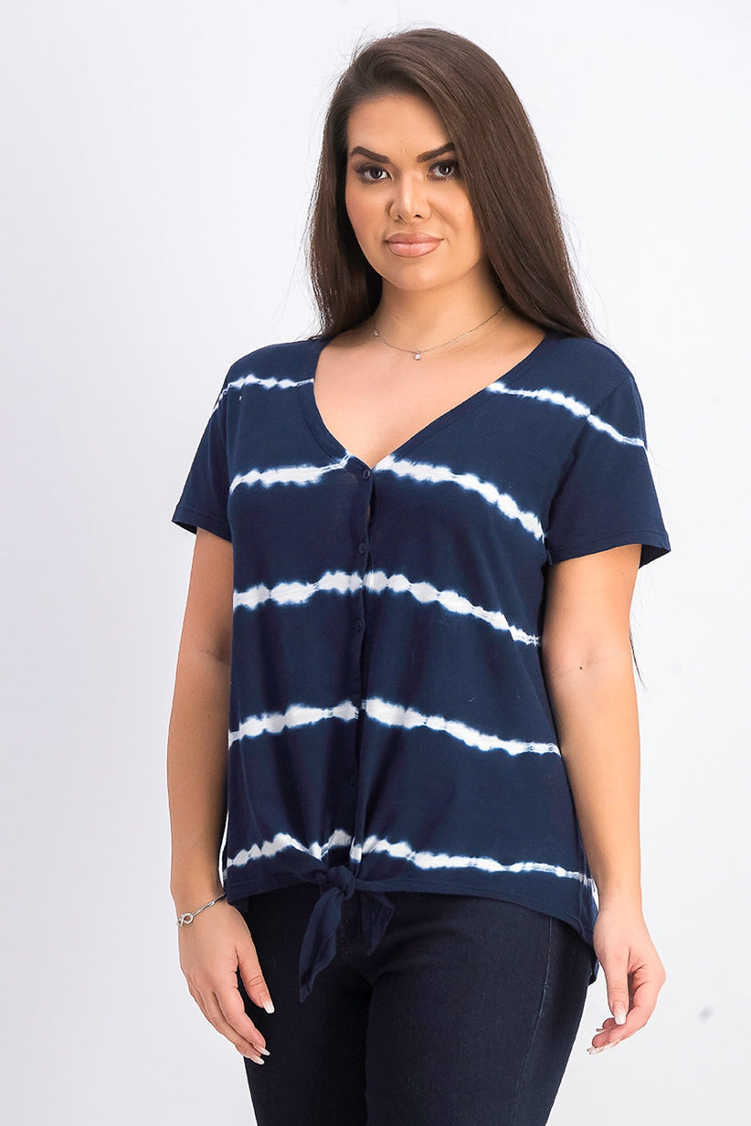 Style & Co Women's Tie Dye Tie Front Top Navy Size Small