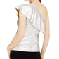 INC International Concepts Women's Metallic Ruffled One Shoulder Top Silver Size Large