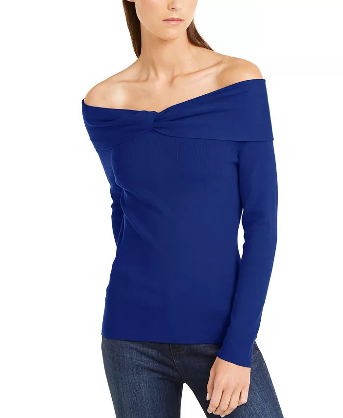 INC International Concepts Women's Twist Off The Shoulder Sweater Navy Size Large