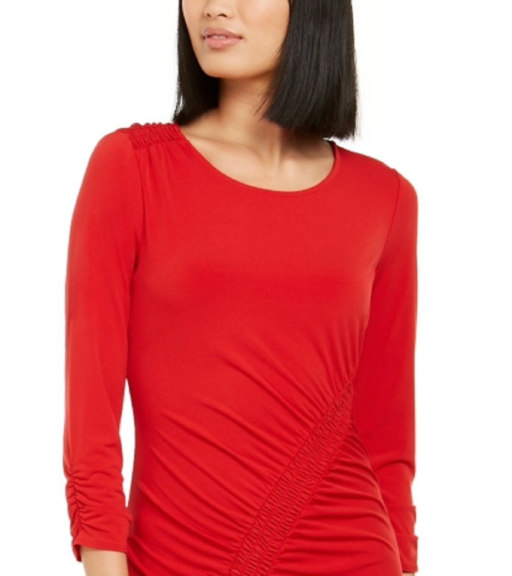 INC International Concepts Women's Asymmetric Smocked Midi Dress Red Size Large