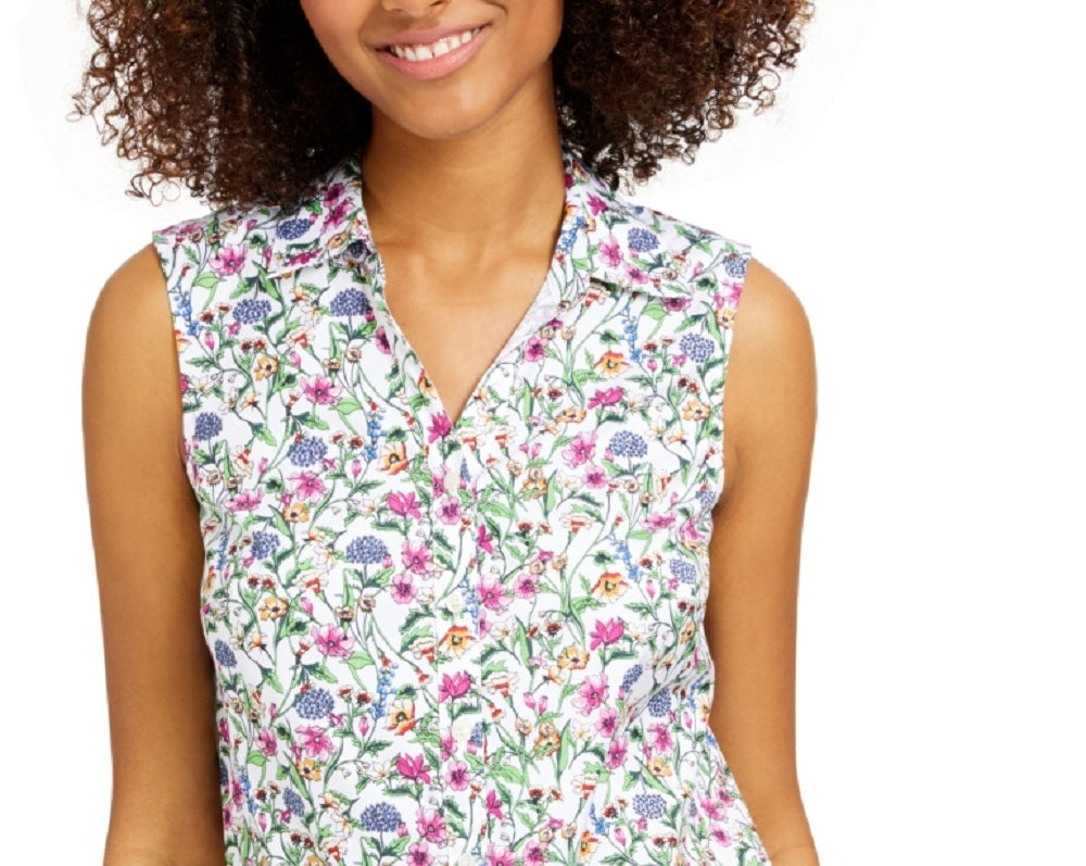 Charter Club Women's Floral-Print Sleeveless Shirt  White Size 18